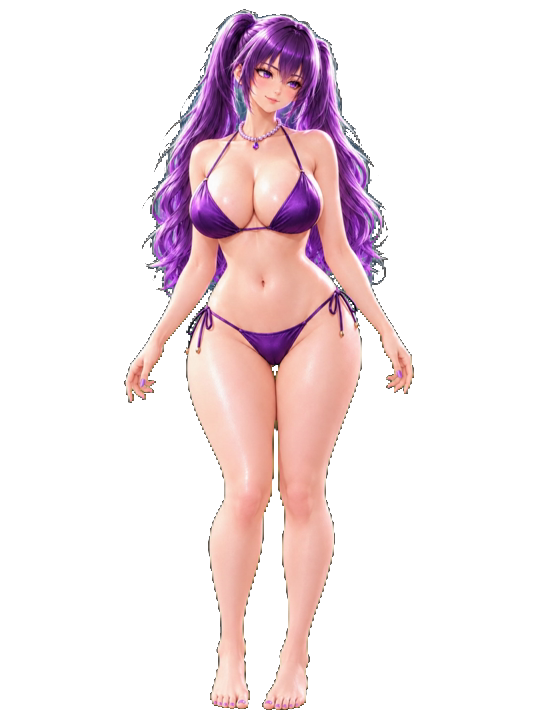 Yumi with her purple twin ponytails, violet eyes and original purple swimsuit